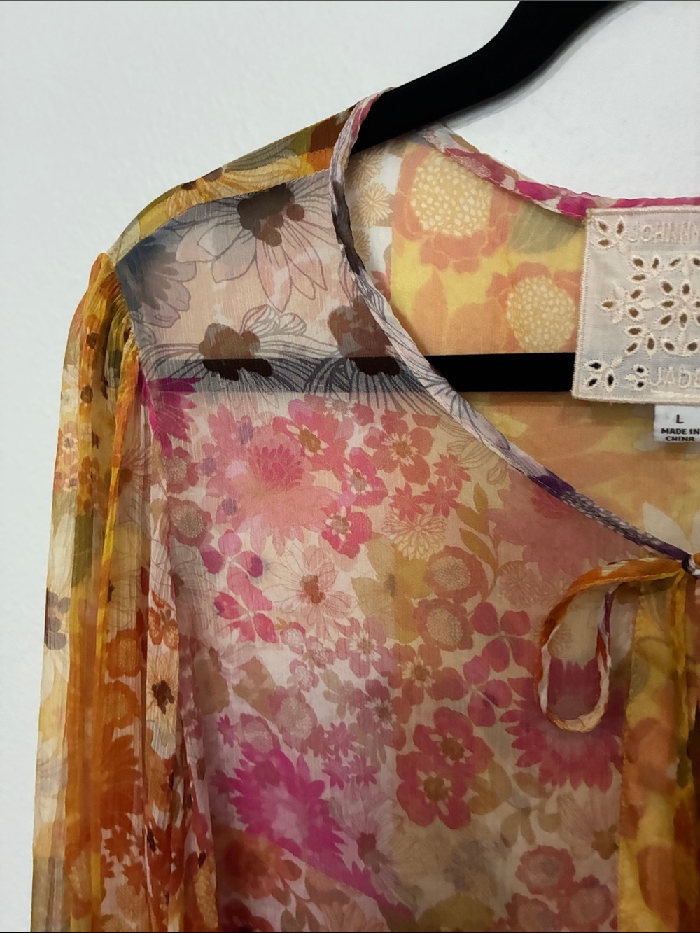 Johnny Was Jade Silk Becky Sheer Floral Tie-Neck Blouse in Yellow and Pink - Picture 4 of 10